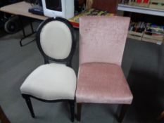 An antique style side chair together with one further upholstered chair in peach fabric