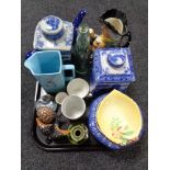 A tray of ceramic ornaments, china, commemorative beaker,