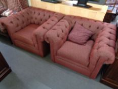 A pair of Chesterfield style club chairs upholstered in two-tone red fabric (2)