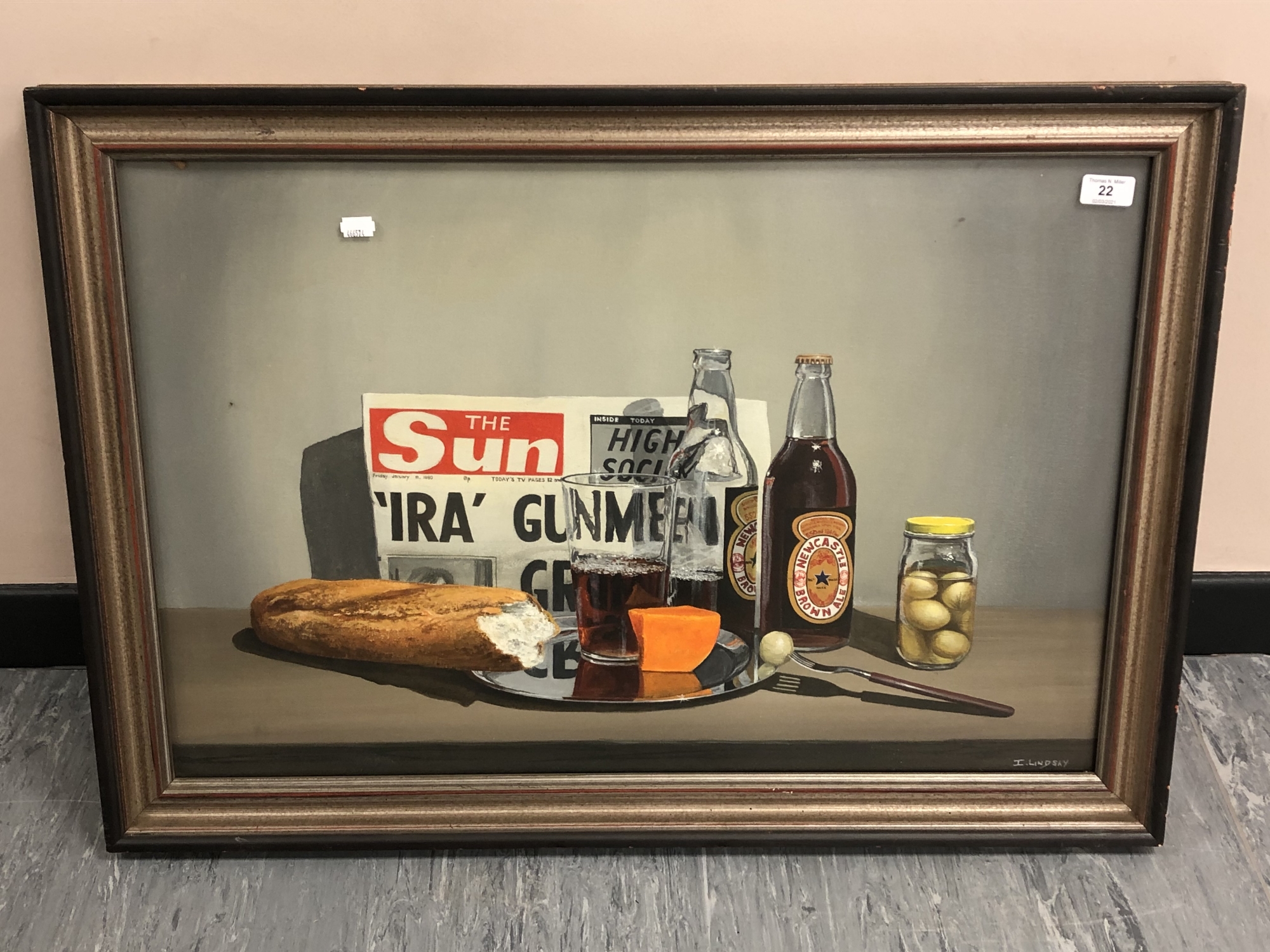 Ivan Lindsay (20'th Century) : Still Life with The Sun Newspaper, Newcastle Brown Ale, Bread,