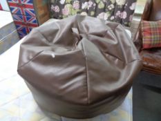 A brown vinyl bean bag