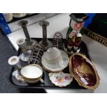 A tray of Carlton ware Rouge Royale dish, Staffordshire Toby jug, pewter candlesticks,