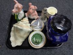 A tray of Natwest pigs, Wade money bank, Parker ceramic ink advertising pot,