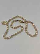 A cultured pearl necklace on 9ct gold clasp, approximate pearl diameter 5mm, length 45 cm.