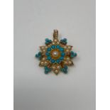 An antique yellow gold seed pearl and turquoise pendant brooch on bar, 7.