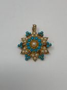 An antique yellow gold seed pearl and turquoise pendant brooch on bar, 7.