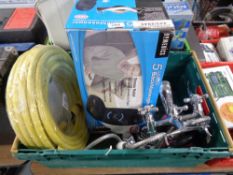 A crate of mixer tap, hose (un-used),