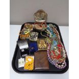 A tray of costume jewellery, beaded necklace, silver cufflinks,