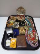 A tray of costume jewellery, beaded necklace, silver cufflinks,