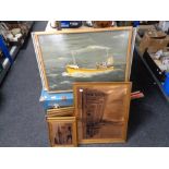 A vintage trunk together with copper finished pictures depicting Glasgow Cathedral etc,