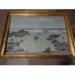 Continental school : Boats by rocks , oil on canvas, framed.