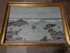 Continental school : Boats by rocks , oil on canvas, framed.