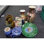 A tray of Ringtons blue chintz teapot, decorative vases,