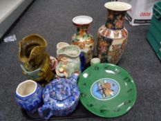 A tray of Ringtons blue chintz teapot, decorative vases,