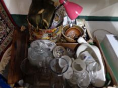 Two boxes of glass, ceramics, table lamp, various wares, etc.