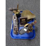 A tray of vintage Record plane, brass paraffin lamp,