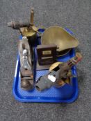 A tray of vintage Record plane, brass paraffin lamp,