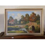 Vincent Selby : Children by a bridge, oil on canvas, signed, framed.