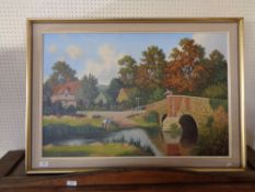 Vincent Selby : Children by a bridge, oil on canvas, signed, framed.