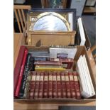 Two boxes of pictures, prints, antique style mirror,