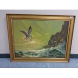 Twentieth Century School : Seascape with Seagulls and Cliffs, oil on board,