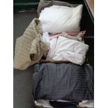 Three crates of bedding, throws,