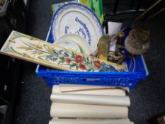 A crate of antique blue and white plate, tile plaques, gun cleaning rod,