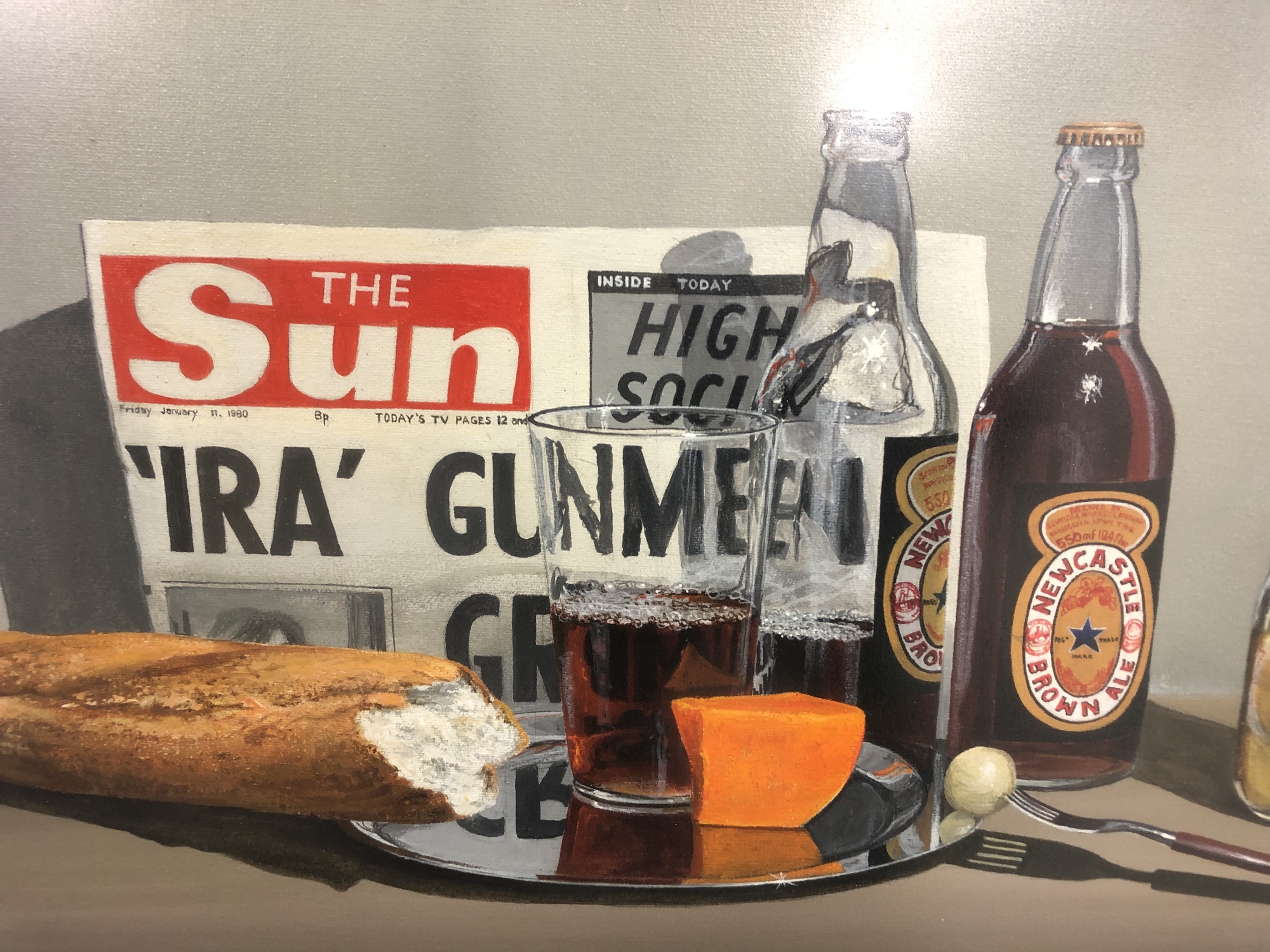 Ivan Lindsay (20'th Century) : Still Life with The Sun Newspaper, Newcastle Brown Ale, Bread, - Image 5 of 6