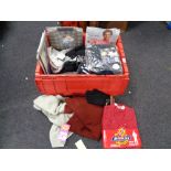 A crate of new and un-used clothing, scarf, gloves,
