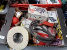 A box of garage items including Air compressor,