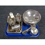 A tray of twentieth century plated wares, Sheffield plate, Milk jug and sugar basin, tankards,