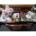 Two crates of un-used kitchen items, ceramics, artificial flowers,