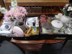 Two crates of un-used kitchen items, ceramics, artificial flowers,