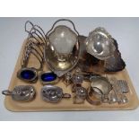 A large silver plated toast rack, together with plated condiment set,