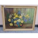 A mid century oil on canvas - still life with flowers in a bowl, signed with initials G.E.