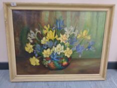 A mid century oil on canvas - still life with flowers in a bowl, signed with initials G.E.