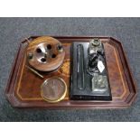 An antique fishing reel together with an inlaid tray,