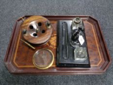 An antique fishing reel together with an inlaid tray,