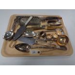 A collection of antique and later cutlery, basting spoon, horn handled scoup etc.