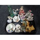 A tray of china ornaments, three Staffordshire figures, dog plaque, antique mineral water bottle,
