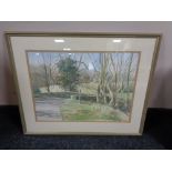 A decorative gilt framed picture, oil on canvas of a flower, watercolour drawing of a bridge,