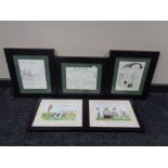 Three monochrome humorous prints and a pair of prints depicting cattle