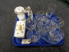 Six Babycham glasses together with a glass dressing table plate, Spanish clown figure,