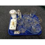 Six Babycham glasses together with a glass dressing table plate, Spanish clown figure,
