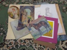 A collection of artist's folio items, oil on boards, portrait picture,