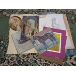 A collection of artist's folio items, oil on boards, portrait picture,