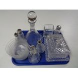 A tray of glass decanter and cheese dish etc