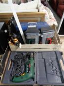 A crate of tools, spirit level,