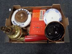 A box of Mintex service clock, brass lamp,