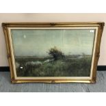 Twentieth Century School : Open Landscape with Cows Grazing by a River, oil on canvas, laid down,